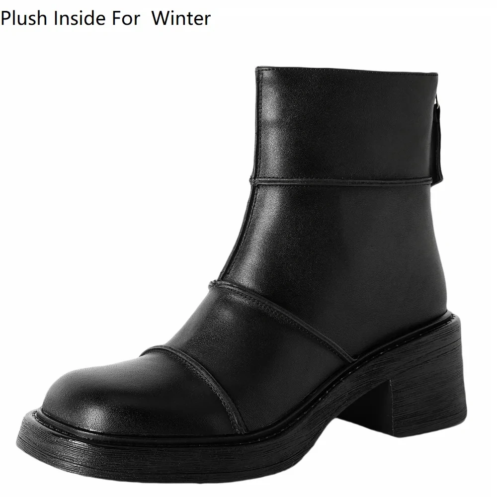 Vintage Brown 5.5CM Block Heel Ankle Women's Autumn Winter Fleece Lined Genuine Leather French British Style Chic Boots 51115