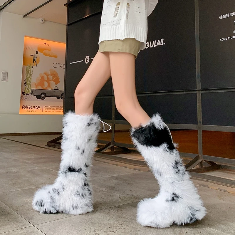 Women's Furry Boots Winter Autumn New 8.5 CM Platform Slip-On Knee High Boots Thickened Lining Korean Fashion Concise Y2K 51104
