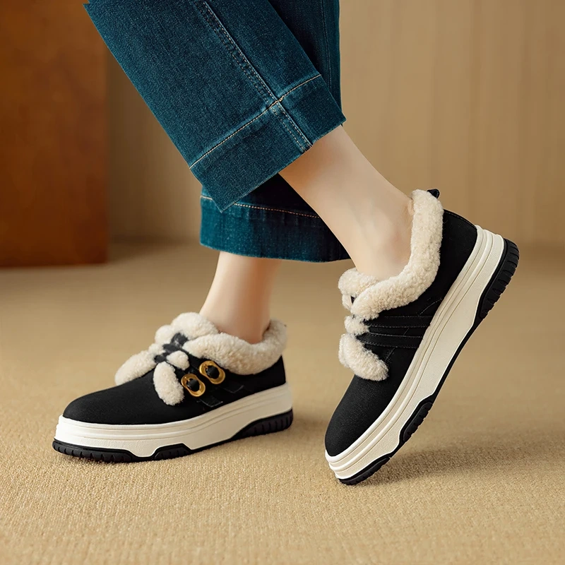 Genuine Leather Casual Buckle 4.5CM Platform Color Block Round Toe Lamb Wool Lined Warm Non-Slip Winter Women's Sneakers 51114