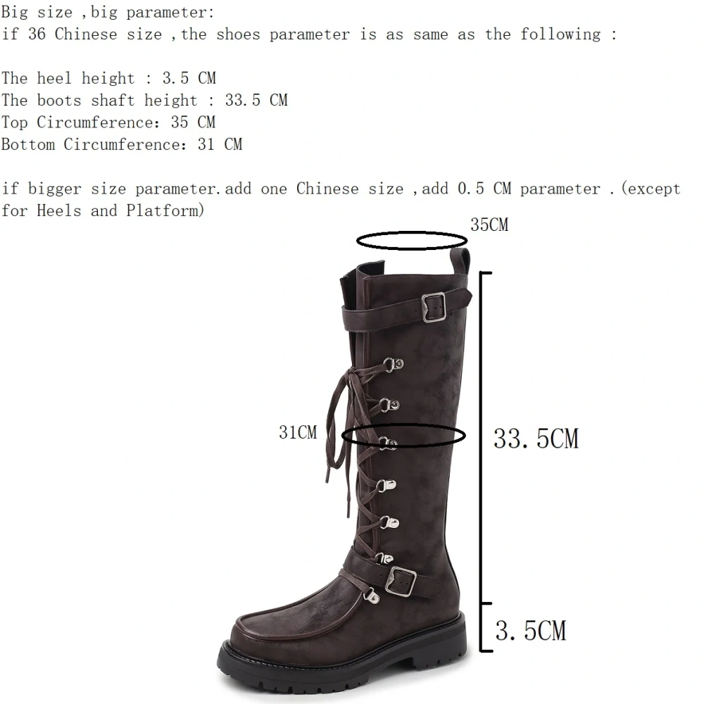 Retro Round Toe 3.5 CM Block Heel Cross Straps Buckle Design Y2K Edgy Sweet Girl Aesthetic Brown Knee High Boots 51108