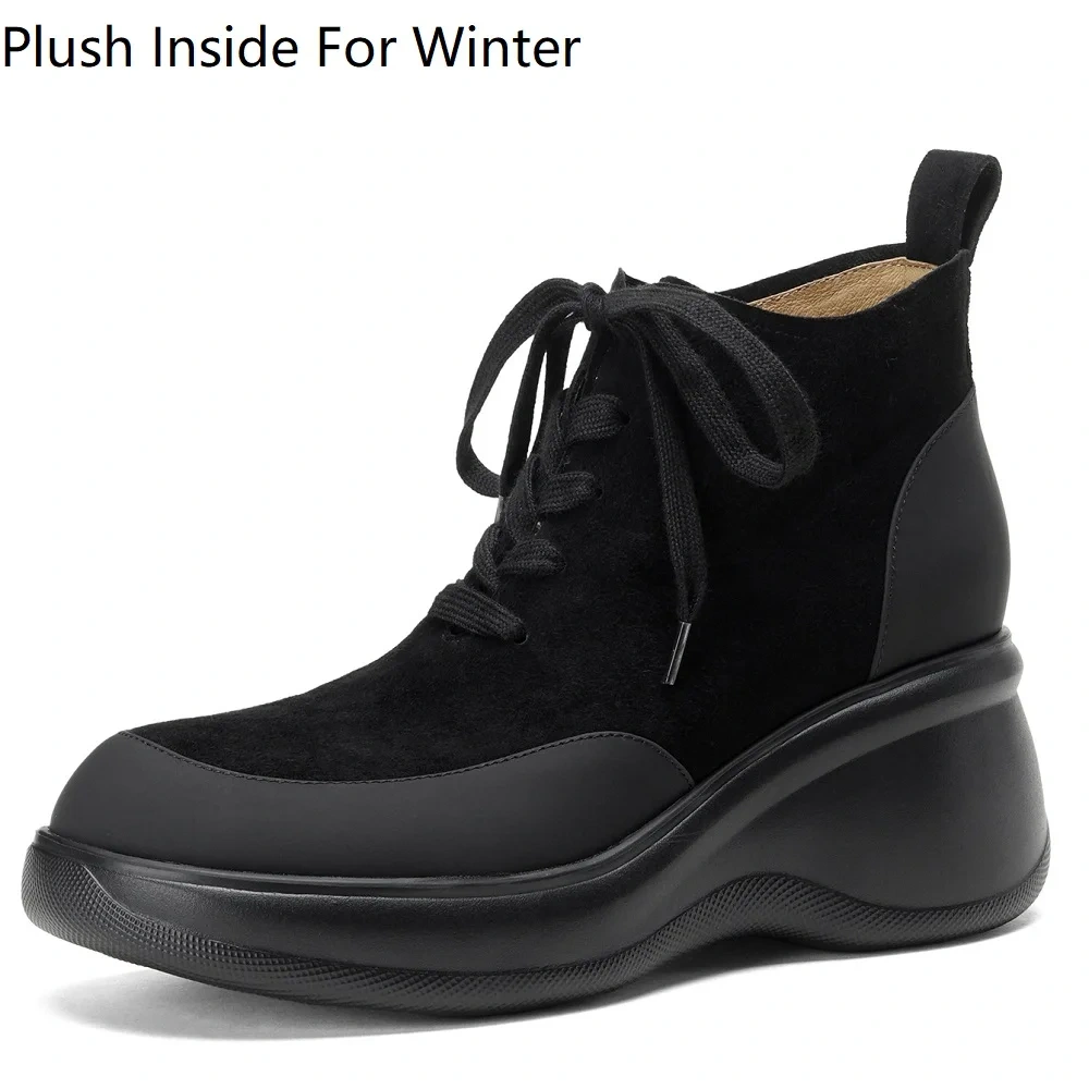 Women's Autumn Winter New Style Black British Style Simple Wedge Heel 7 CM Sheepskin Comfort Lace-up Platform Ankle Boots 51112