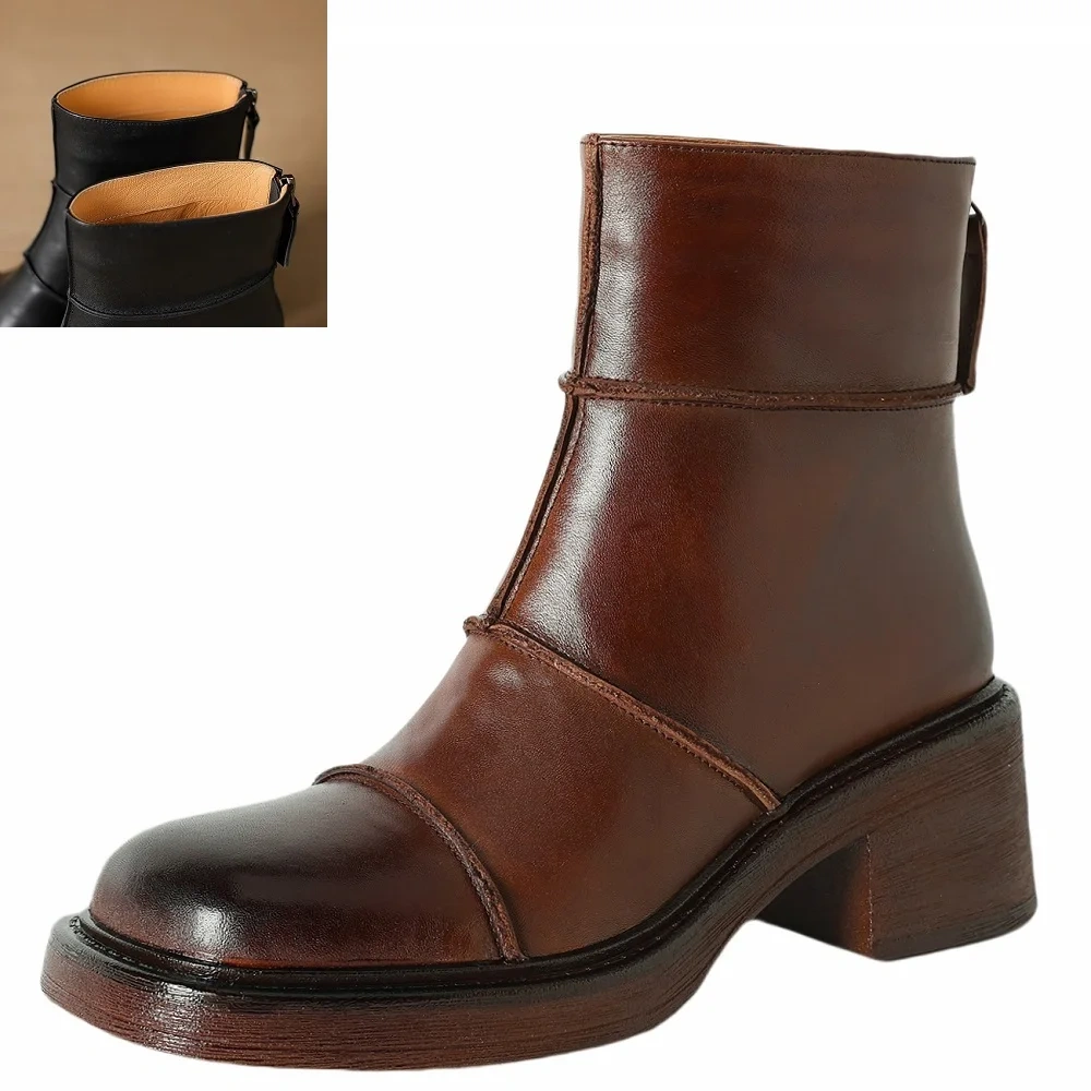 Vintage Brown 5.5CM Block Heel Ankle Women's Autumn Winter Fleece Lined Genuine Leather French British Style Chic Boots 51115