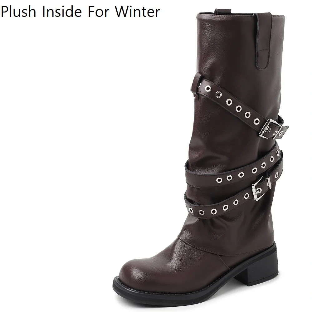 5 CM Block Heel Retro Genuine Leather Fashion Autumn Winter Cargo Soft Sole Western Style Slip-On Kicker Mid-Calf Boots 51108