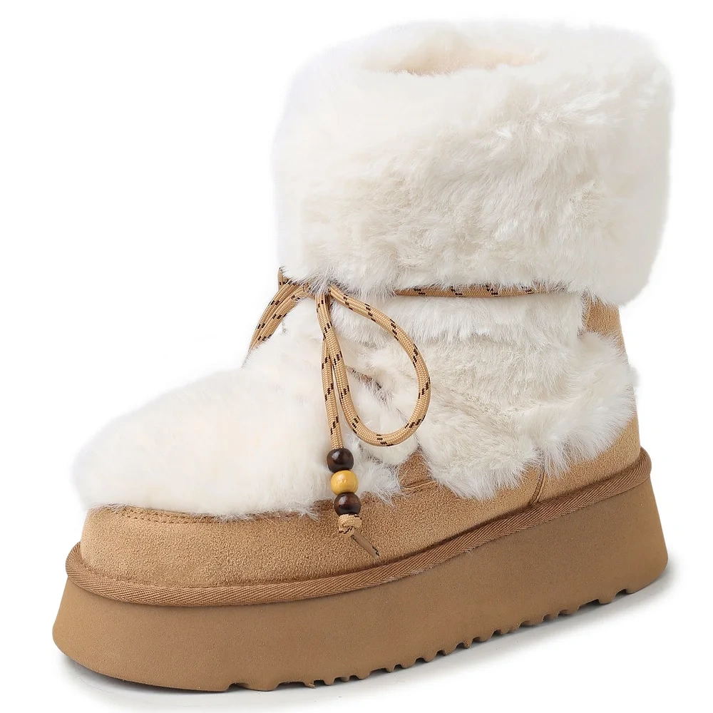 Women's Genuine Leather Fuzzy Lined Warm Beaded Casual White Furry 4 CM Thick Platform Slip On  Ankle Boots Plus Size 42 51107