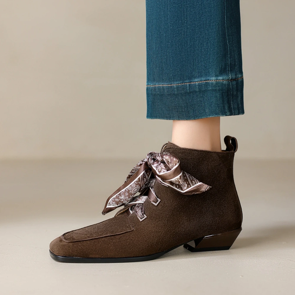 3CM Block Heel Spring Autumn Winter French Square Toe Office Sheep Suede Ribbon Elegant Zipper Retro Fashion Ankle Boots 51112