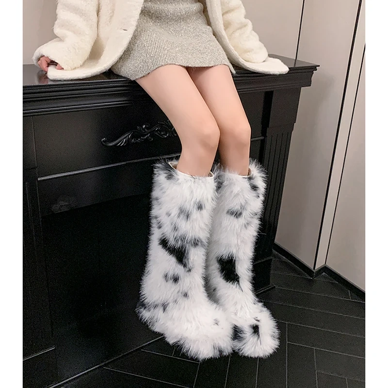 Women's Furry Boots Winter Autumn New 8.5 CM Platform Slip-On Knee High Boots Thickened Lining Korean Fashion Concise Y2K 51104
