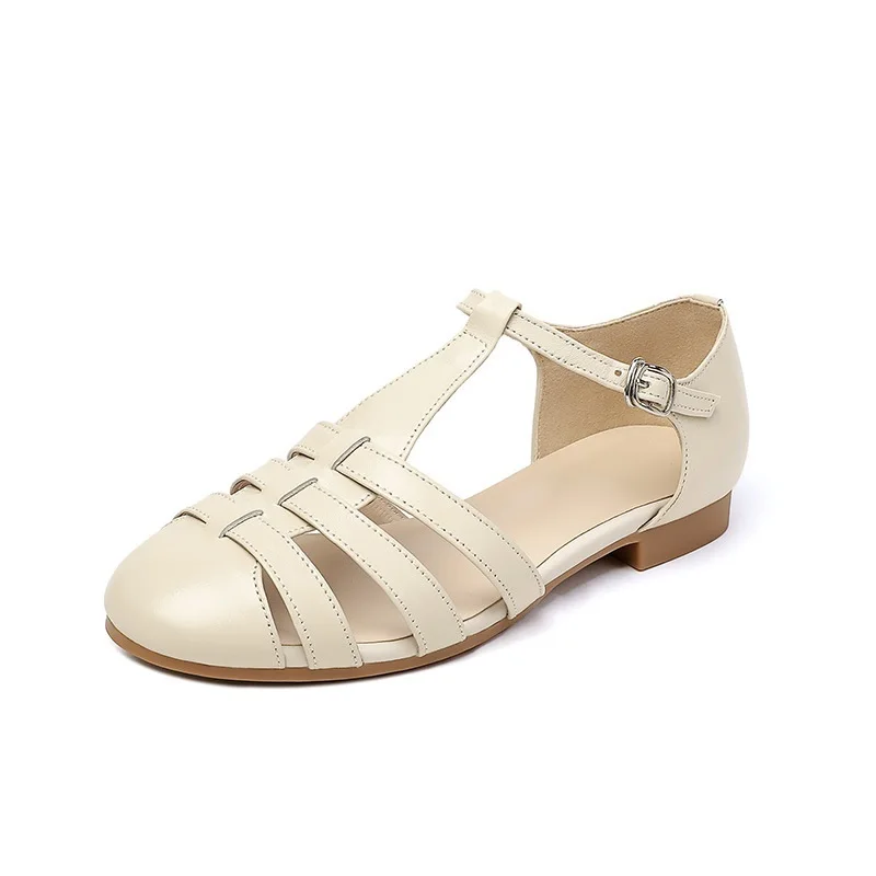 Summer New European America Style Leisure Thick 1.5 CM Low Heels Cover Toe Cutout Buckle Belt Genuine Leather Women Gladiator Sandals 60118