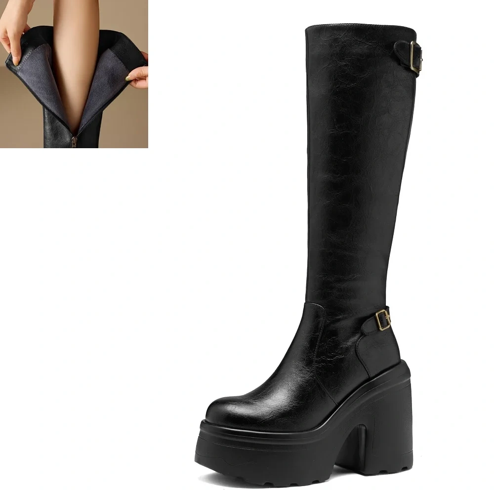 Retro British Style 12 CM Square Heel Boots Women Genuine Leather Buckle Platform Round Toe Slim Fit Mid-Calf Fashion Boots51113