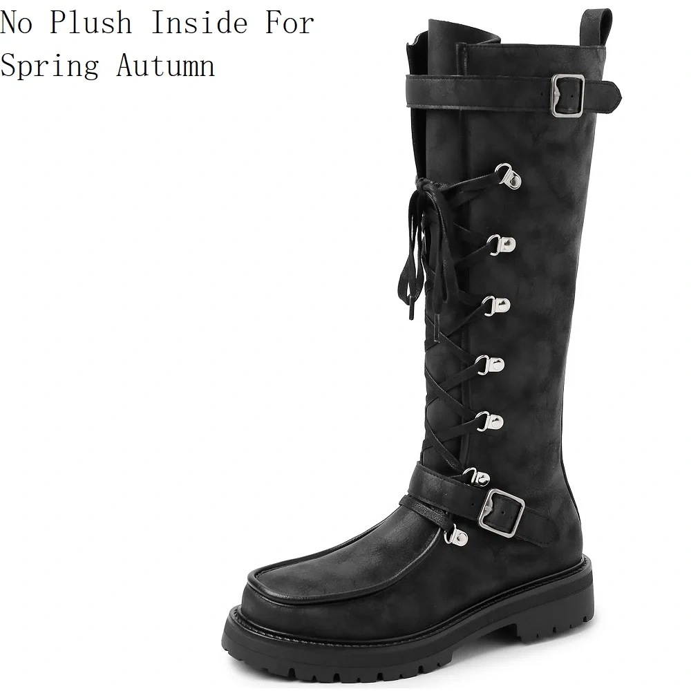 Retro Round Toe 3.5 CM Block Heel Cross Straps Buckle Design Y2K Edgy Sweet Girl Aesthetic Brown Knee High Boots 51108