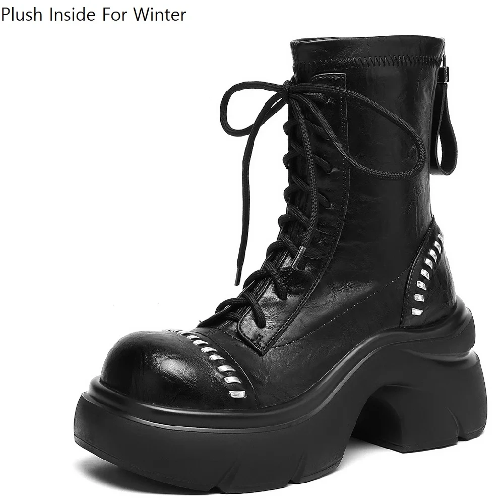 Lace Up Women's British Retro Motorcycle Boots 8 CM Square Heel Genuine Leather Rivet Platform 2025 Autumn Winter Back Zip 51031
