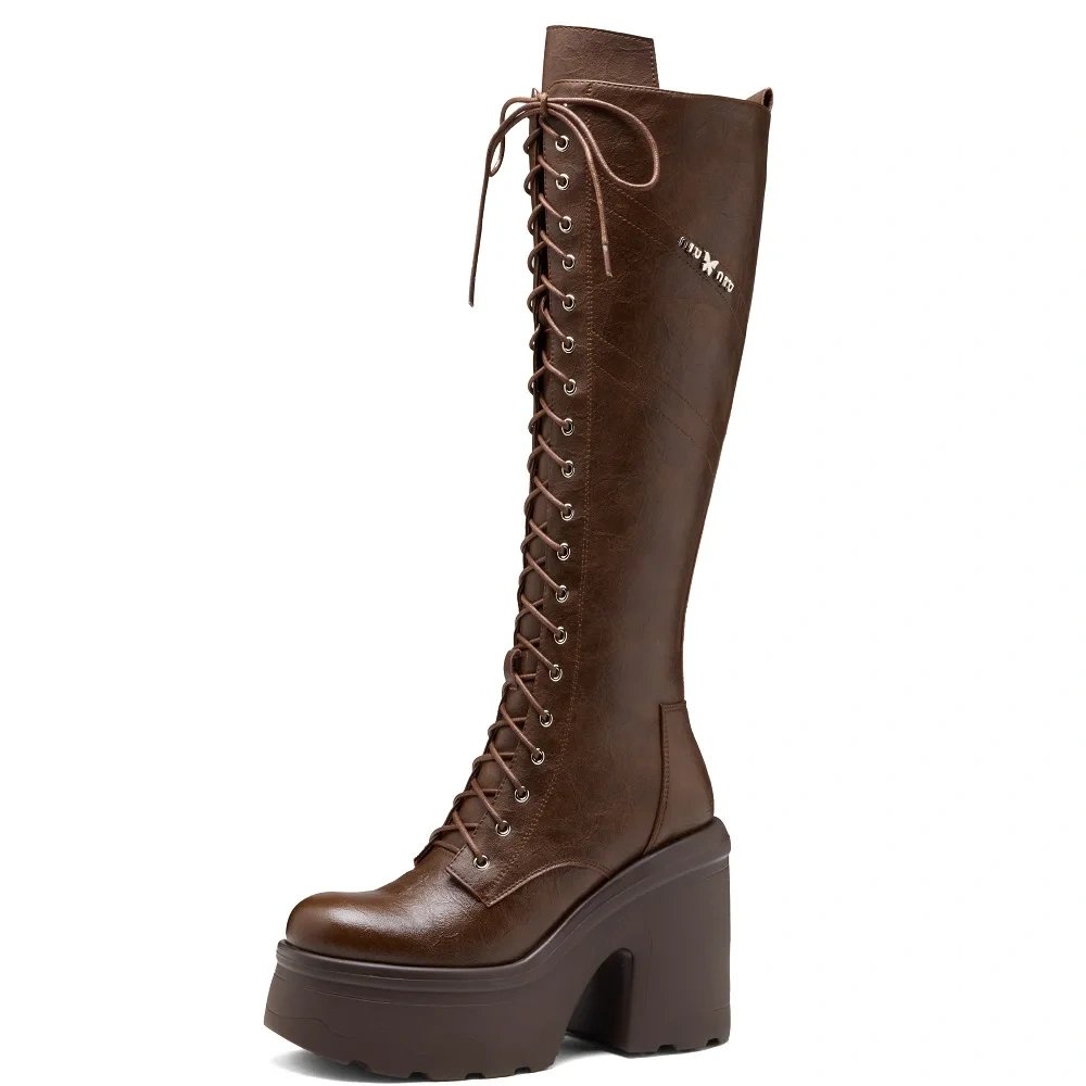 12CM Block Heel Gladiator Genuine Leather Stylish Round Toe Platform Slimming Side Zipper Autumn Winter Knee High Boots 51113