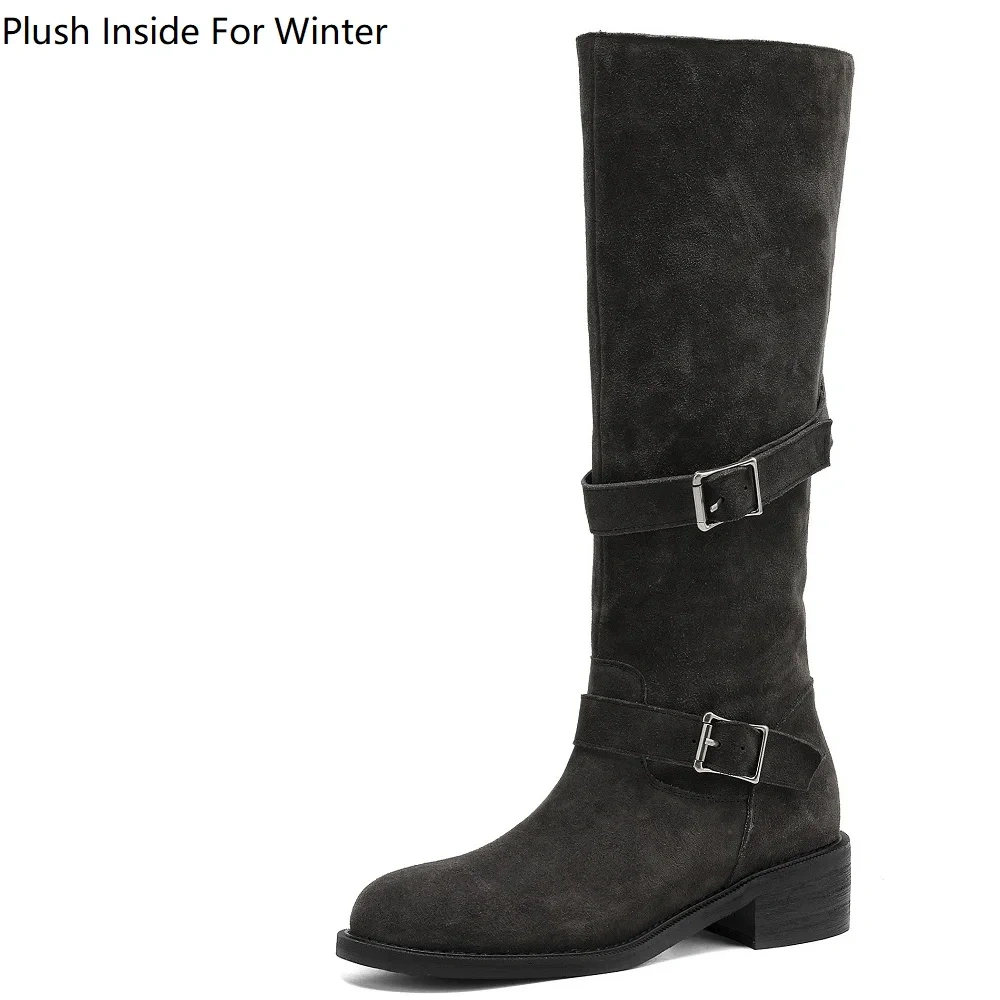 Slimming 4CM Block Heel Buckle Round Toe Genuine Leather Suede Versatile Vintage Mermaid Autumn Winter Knee-High Boots 51112
