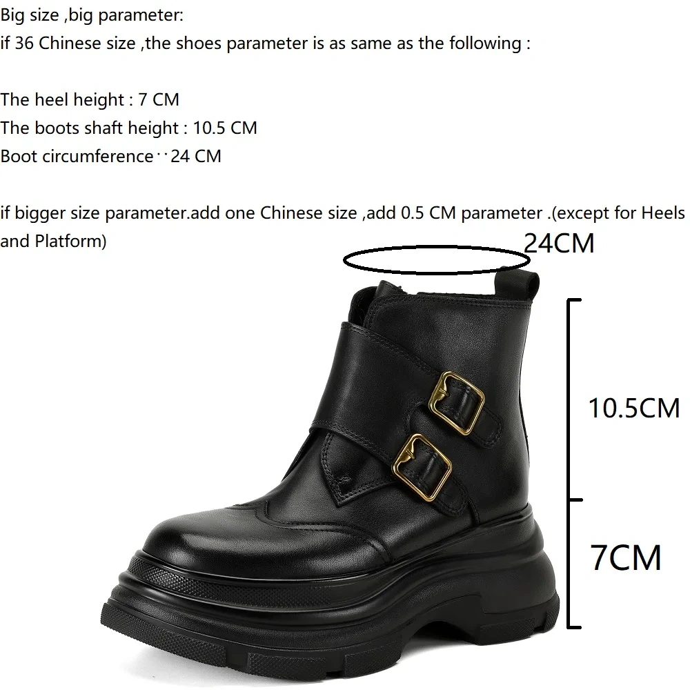British Style Retro Solid Genuine Leather 7 CM Thick Sole Belt Buckle Autumn Winter Fleece Lined Side Zipper Ankle Boots 51106