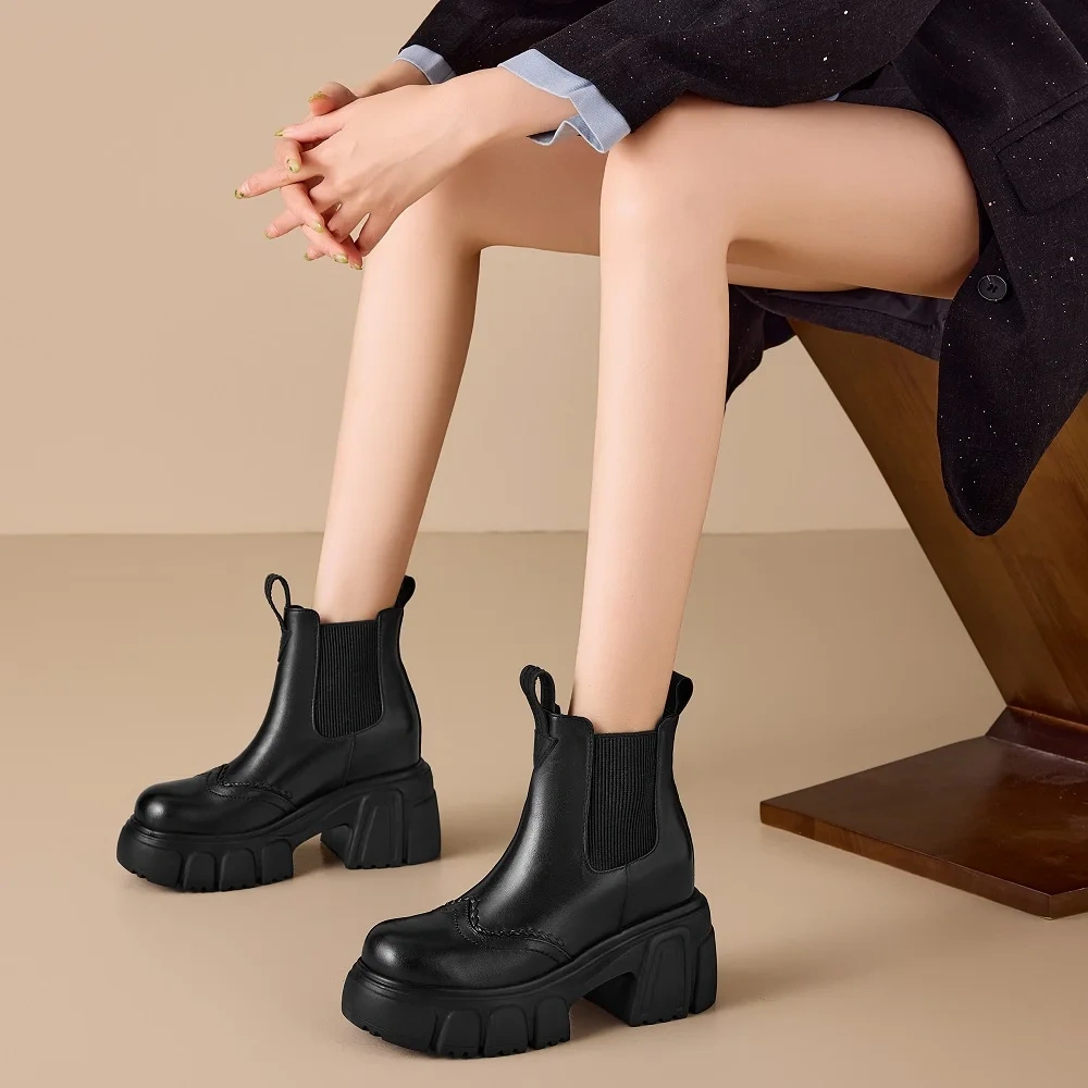 10 CM Block Heel Genuine Leather Round Toe Slip-On Platform Minimalist British Style Autumn Winter New Women's Ankle Boots 51113