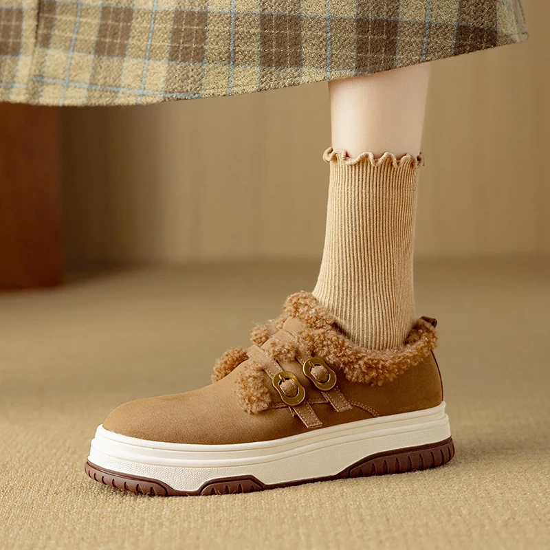 Genuine Leather Casual Buckle 4.5CM Platform Color Block Round Toe Lamb Wool Lined Warm Non-Slip Winter Women's Sneakers 51114