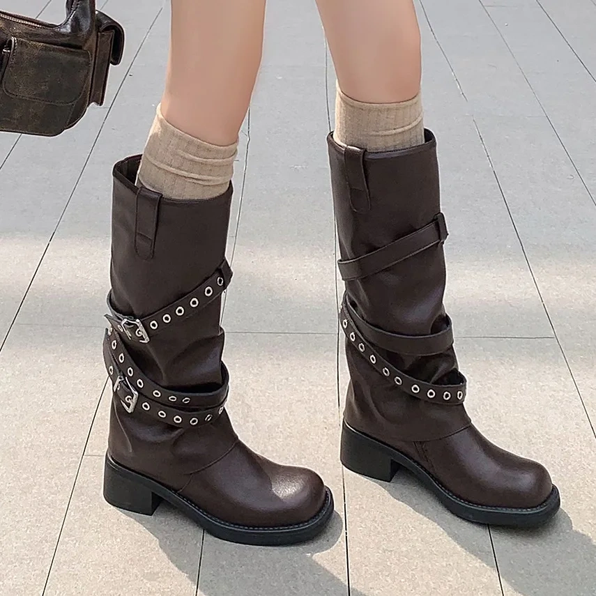 5 CM Block Heel Retro Genuine Leather Fashion Autumn Winter Cargo Soft Sole Western Style Slip-On Kicker Mid-Calf Boots 51108
