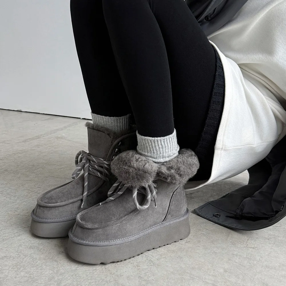 Winter New Plus Size 42 Women's Genuine Suede Lace Up Platform Snow Boots Thick Fleece Warm Non-Slip Casual Ankle Boots 51110