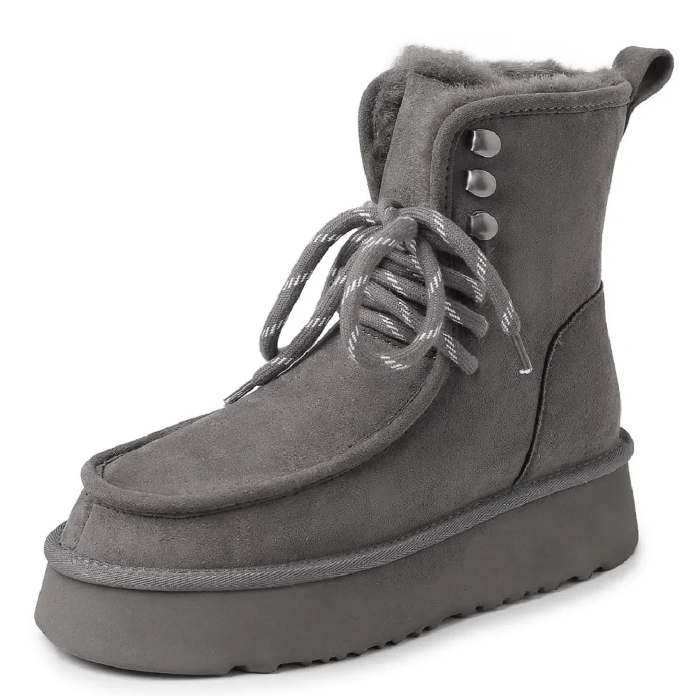 Winter New Plus Size 42 Women's Genuine Suede Lace Up Platform Snow Boots Thick Fleece Warm Non-Slip Casual Ankle Boots 51110
