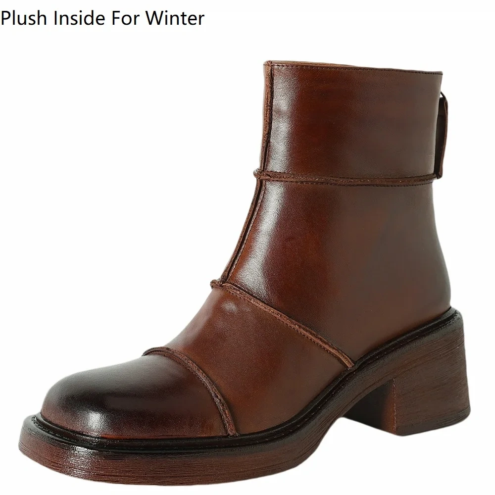 Vintage Brown 5.5CM Block Heel Ankle Women's Autumn Winter Fleece Lined Genuine Leather French British Style Chic Boots 51115