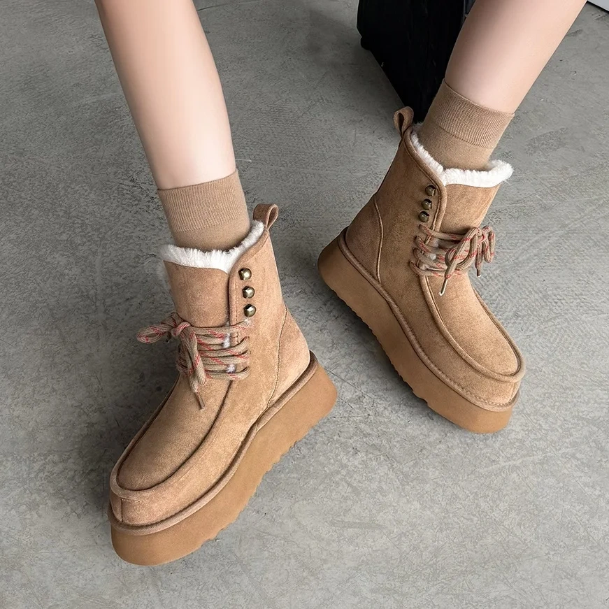 Winter New Plus Size 42 Women's Genuine Suede Lace Up Platform Snow Boots Thick Fleece Warm Non-Slip Casual Ankle Boots 51110