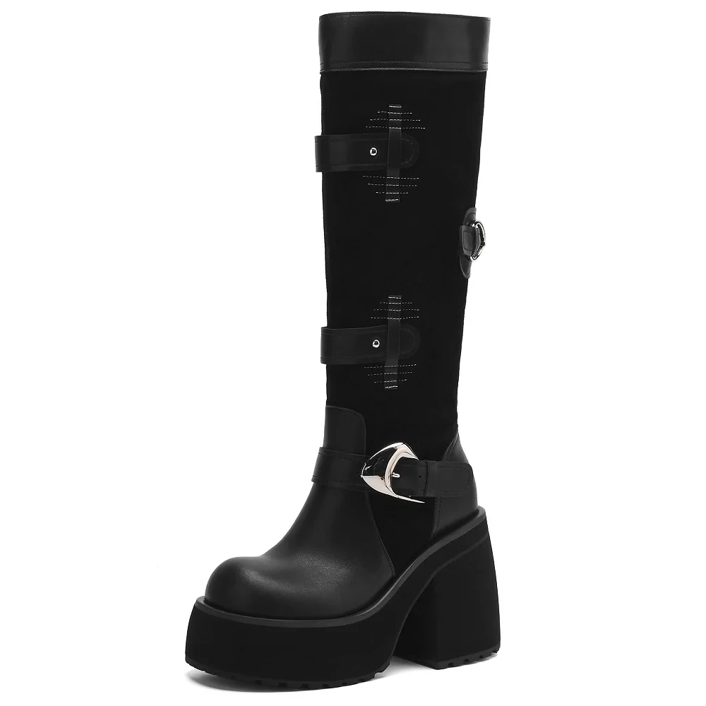 Women's Buckle Platform Slip-On Fashion 10.5CM Square Heel Genuine Leather Versatile European & American Style Knight Boots51106
