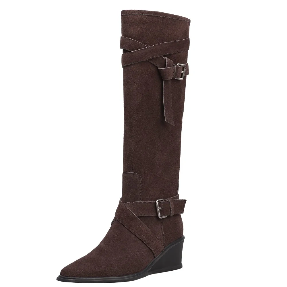 French Pointed Toe Suede Leather Buckle Autumn Winter New Style 5.5 CM Wedge Slim Mid-Calf Women's Slip On Boots 51114