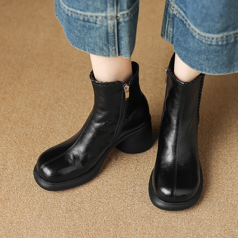 2025 Winter New Women's British Retro Round Toe Solid Genuine Leather 7 CM Block Heel Fleece Lining Side Zip Ankle Boots 51110