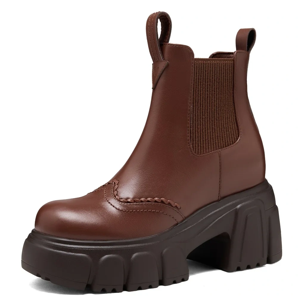10 CM Block Heel Genuine Leather Round Toe Slip-On Platform Minimalist British Style Autumn Winter New Women's Ankle Boots 51113