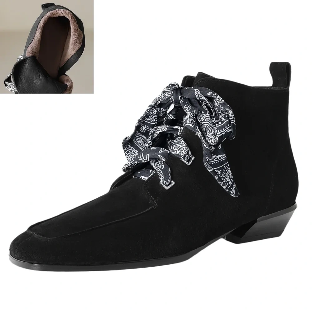 3CM Block Heel Spring Autumn Winter French Square Toe Office Sheep Suede Ribbon Elegant Zipper Retro Fashion Ankle Boots 51112