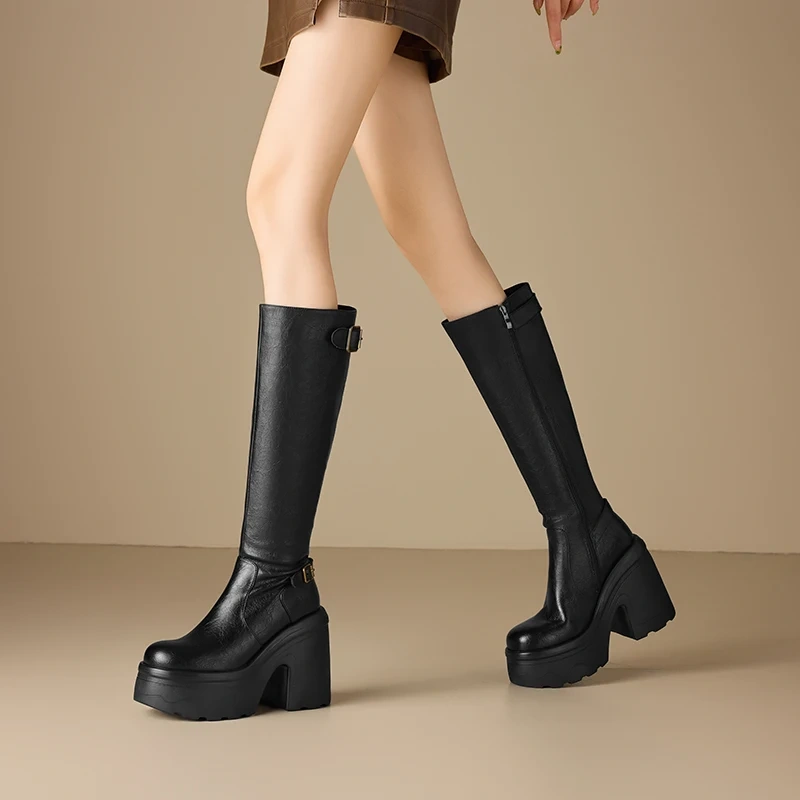 Retro British Style 12 CM Square Heel Boots Women Genuine Leather Buckle Platform Round Toe Slim Fit Mid-Calf Fashion Boots51113