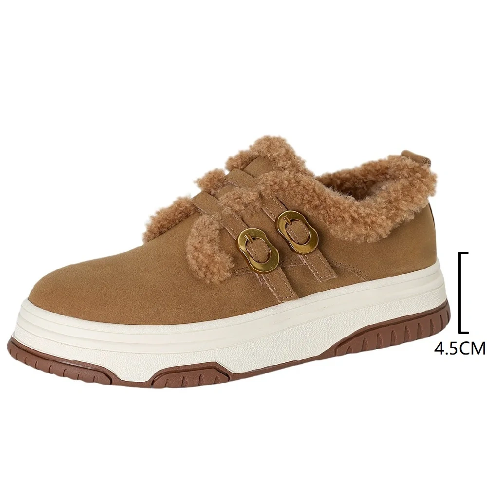 Genuine Leather Casual Buckle 4.5CM Platform Color Block Round Toe Lamb Wool Lined Warm Non-Slip Winter Women's Sneakers 51114