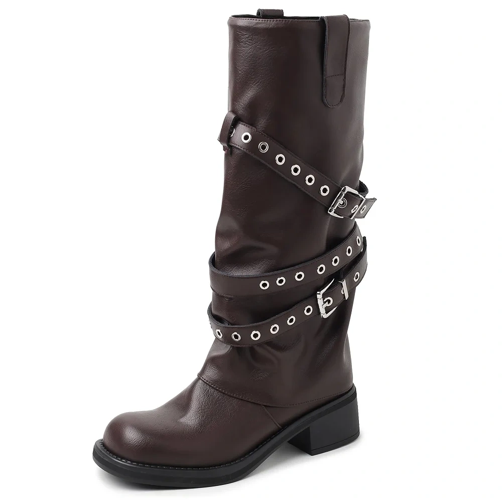 5 CM Block Heel Retro Genuine Leather Fashion Autumn Winter Cargo Soft Sole Western Style Slip-On Kicker Mid-Calf Boots 51108