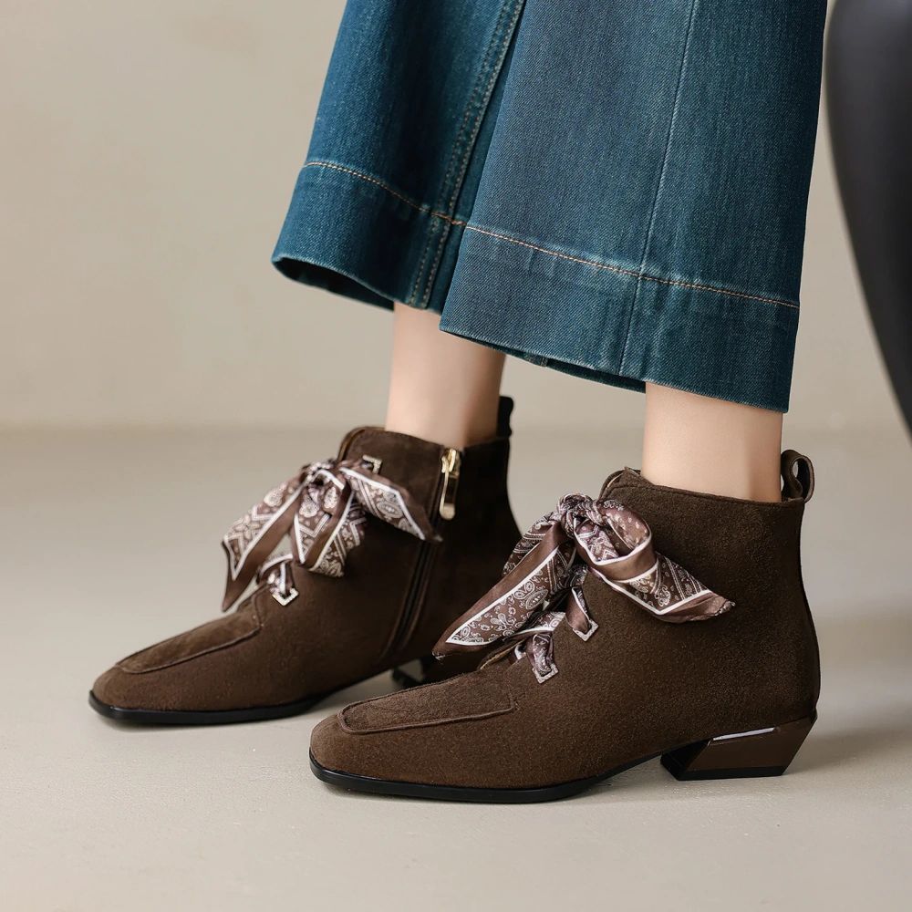 3CM Block Heel Spring Autumn Winter French Square Toe Office Sheep Suede Ribbon Elegant Zipper Retro Fashion Ankle Boots 51112