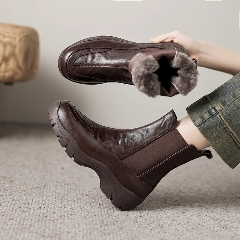 Women's British Genuine Leather Slip On Solid Color Round Toe 4.5 CM Platform Casual Lamb Wool Lining Soft Sole Ankle Boots51108