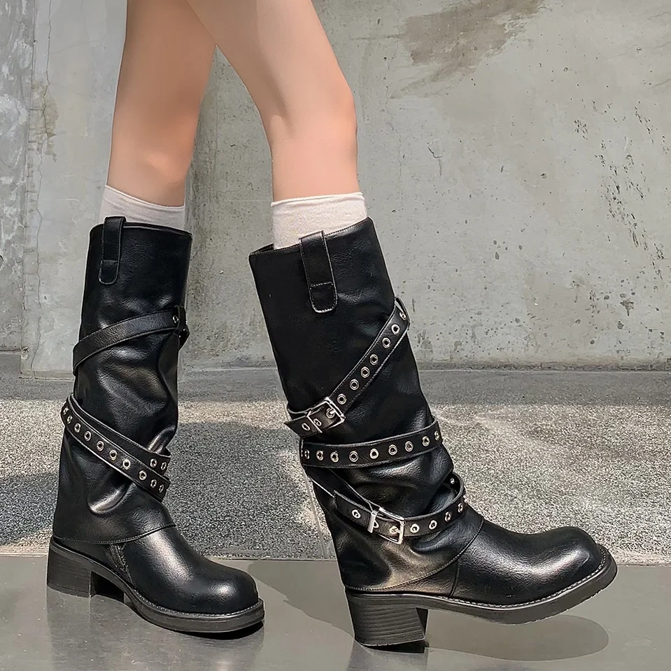 5 CM Block Heel Retro Genuine Leather Fashion Autumn Winter Cargo Soft Sole Western Style Slip-On Kicker Mid-Calf Boots 51108