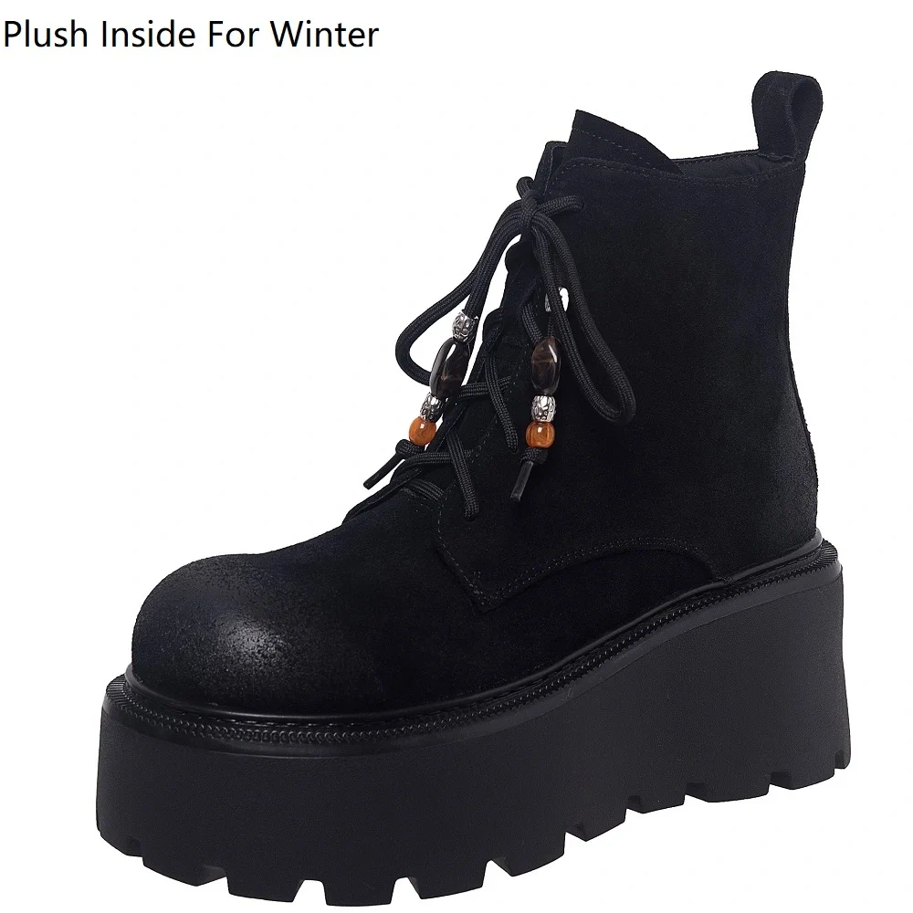 7.5 CM Thick Sole Suede Lace-Up Retro Distressed Beaded Round Toe British Style Casual Autumn Winter Platform Ankle Boots 51112