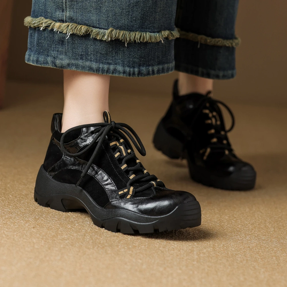 Women's New Retro Shoes Autumn Winter Genuine Leather Suede Patchwork Lace-Up Casual 5 CM Thick Sole Soft Versatile Fashion51105