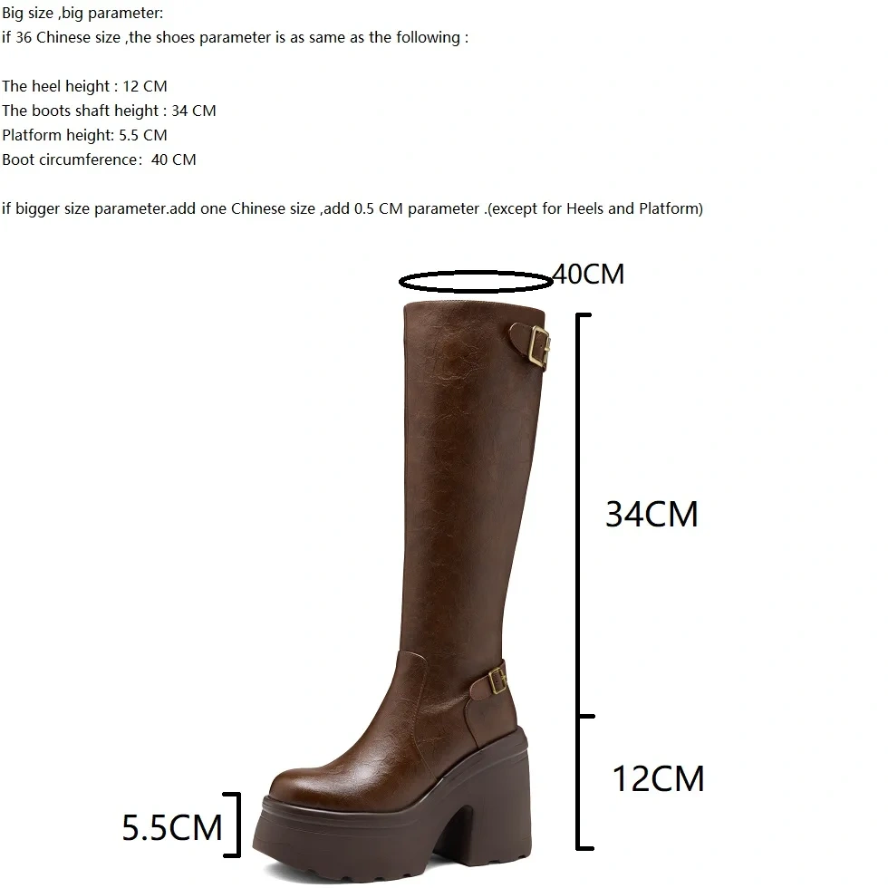 Retro British Style 12 CM Square Heel Boots Women Genuine Leather Buckle Platform Round Toe Slim Fit Mid-Calf Fashion Boots51113