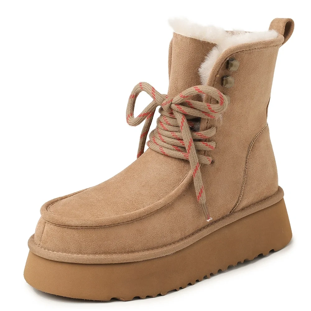 Winter New Plus Size 42 Women's Genuine Suede Lace Up Platform Snow Boots Thick Fleece Warm Non-Slip Casual Ankle Boots 51110