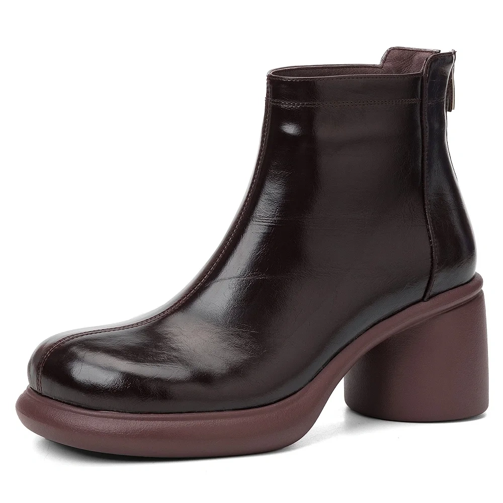 2025 Winter New Women's Genuine Leather Solid Color Casual Zip 7 CM Block Heel Round Toe Thick Fleece Lined Ankle Boots 51111