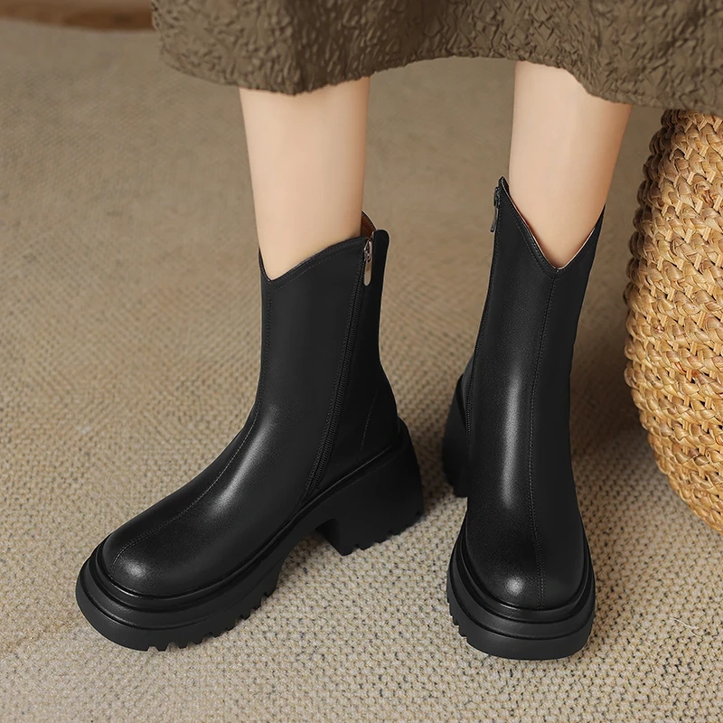 7CM Square Heel Solid Color Genuine Leather Side Zip Minimalist Winter New Style Cashmere Lined Women's Ankle Boots51105
