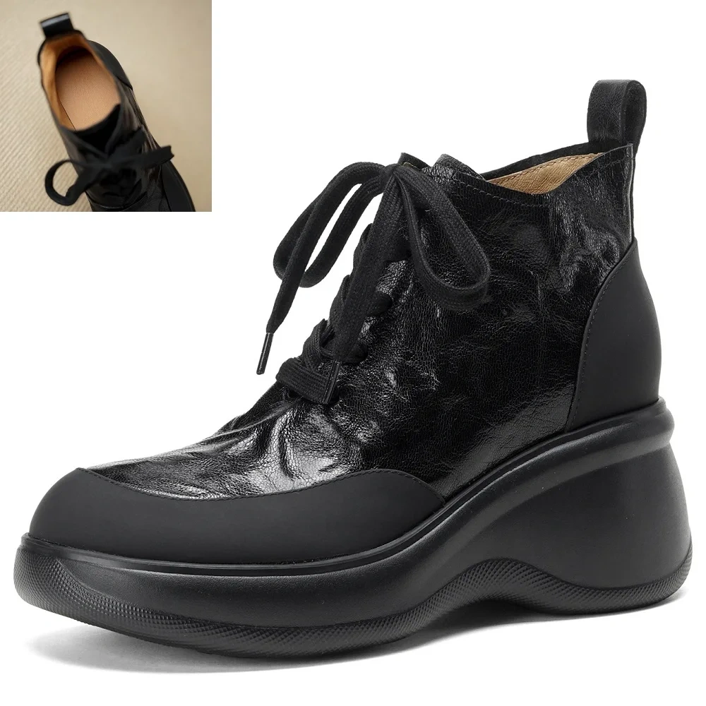 Women's Autumn Winter New Style Black British Style Simple Wedge Heel 7 CM Sheepskin Comfort Lace-up Platform Ankle Boots 51112