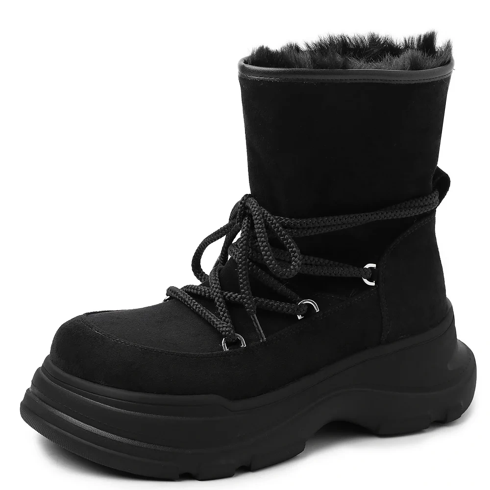 Women's Warm Fleece Lined Snow Boots 2025 6 CM Platform Height Increasing Round Toe Faux Suede Lace-Up Ankle Casual Boots 51115