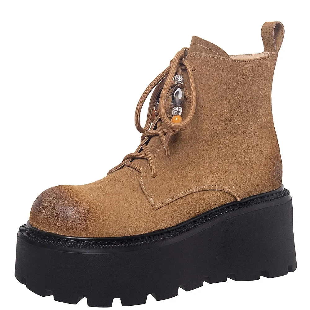 7.5 CM Thick Sole Suede Lace-Up Retro Distressed Beaded Round Toe British Style Casual Autumn Winter Platform Ankle Boots 51112