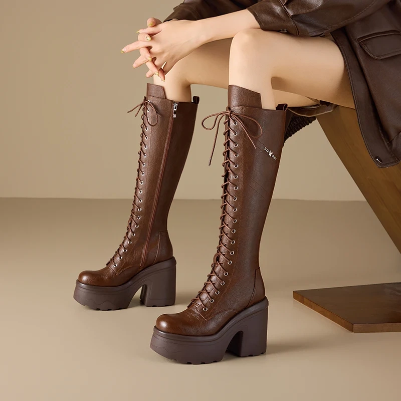 12CM Block Heel Gladiator Genuine Leather Stylish Round Toe Platform Slimming Side Zipper Autumn Winter Knee High Boots 51113