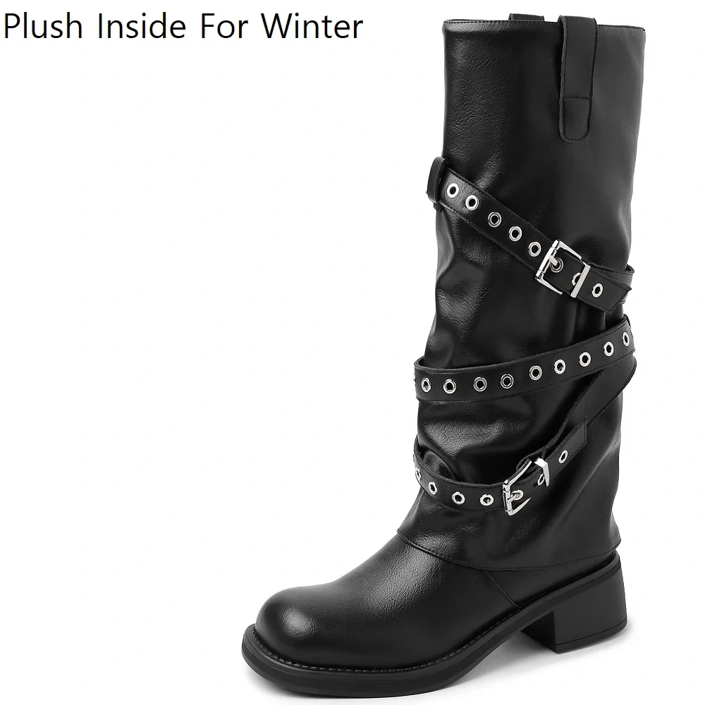 5 CM Block Heel Retro Genuine Leather Fashion Autumn Winter Cargo Soft Sole Western Style Slip-On Kicker Mid-Calf Boots 51108
