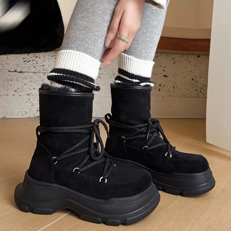 Women's Warm Fleece Lined Snow Boots 2025 6 CM Platform Height Increasing Round Toe Faux Suede Lace-Up Ankle Casual Boots 51115