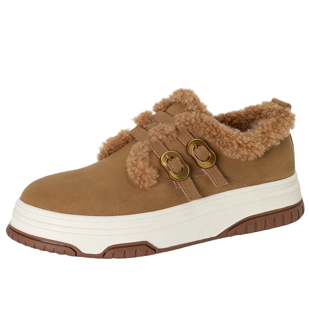 Genuine Leather Casual Buckle 4.5CM Platform Color Block Round Toe Lamb Wool Lined Warm Non-Slip Winter Women's Sneakers 51114