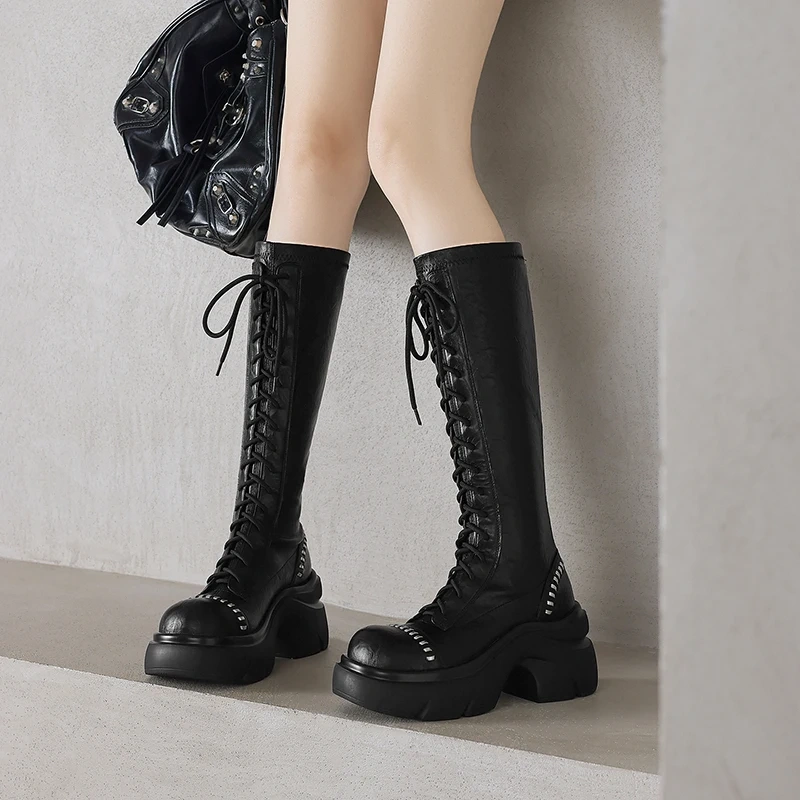 Lace Up Women's British Retro Motorcycle Boots 8 CM Square Heel Genuine Leather Rivet Platform 2025 Autumn Winter Back Zip 51031