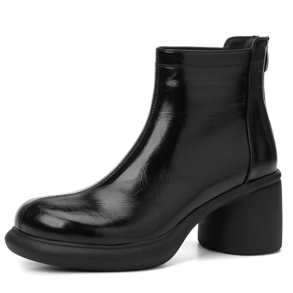 2025 Winter New Women's Genuine Leather Solid Color Casual Zip 7 CM Block Heel Round Toe Thick Fleece Lined Ankle Boots 51111